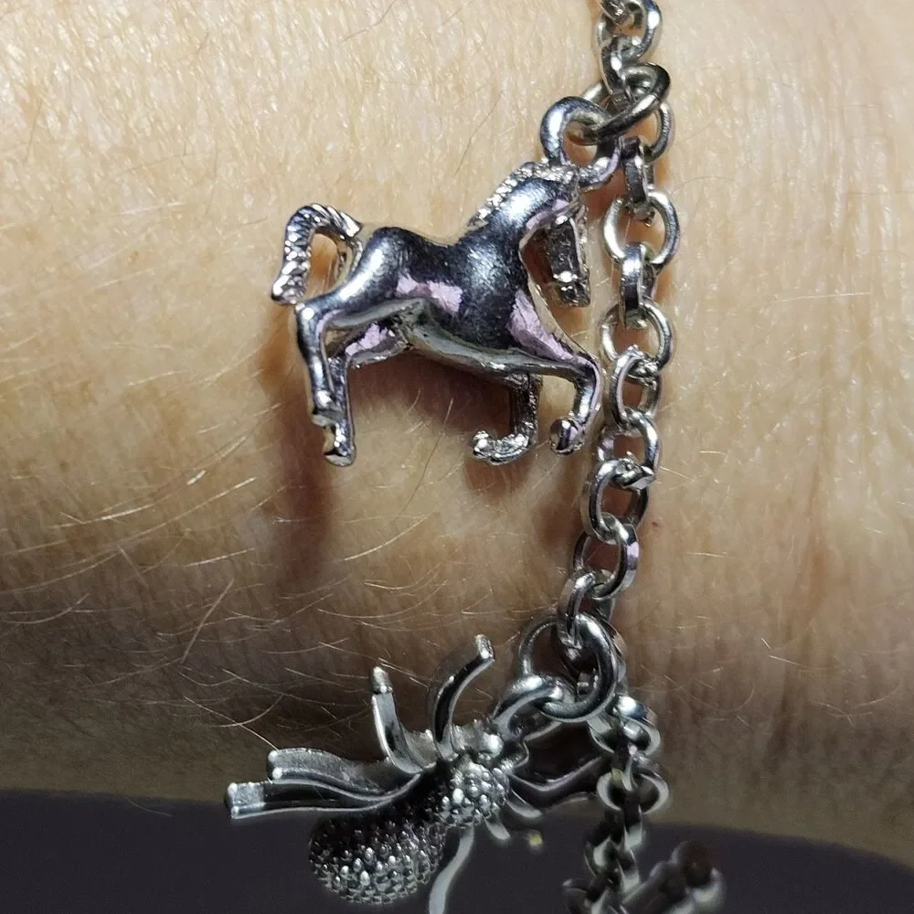 Silver Tone Spider Pig Mouse Horse Charm Toggle Bracelet 6